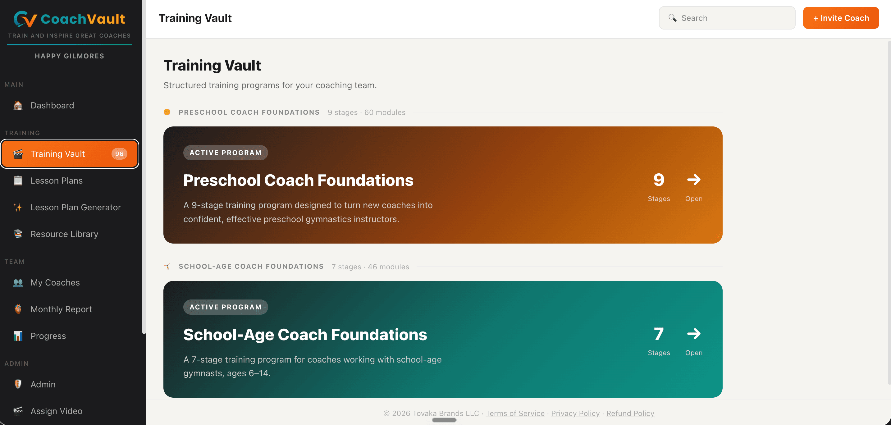Gymnastics CoachVault website